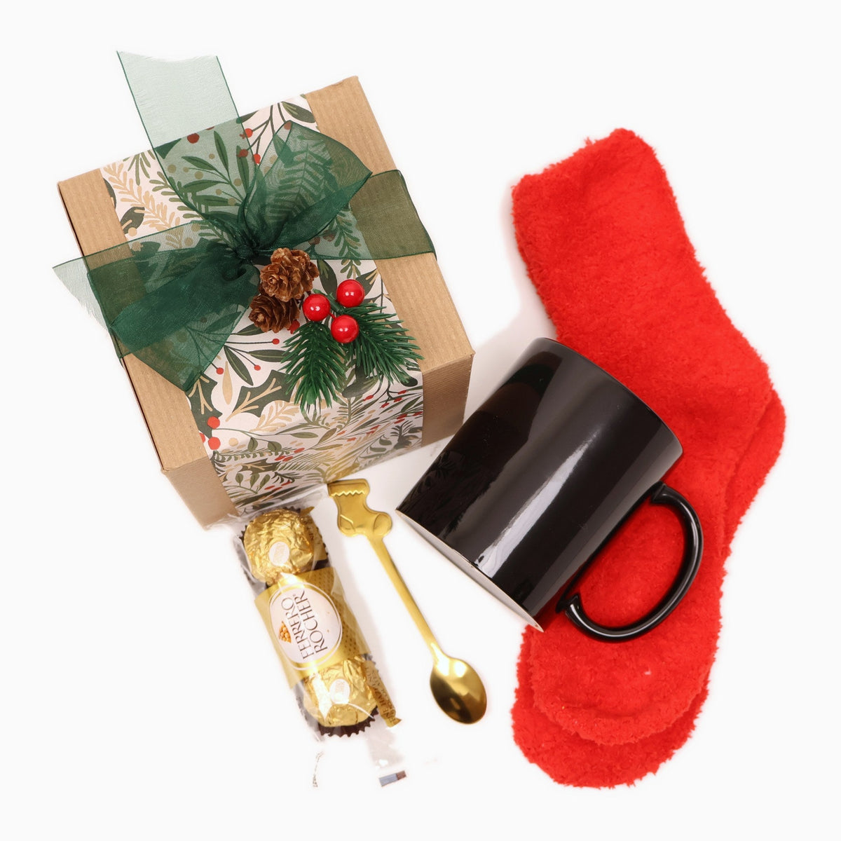Festive Christmas Mug Gift Box with Fuzzy Socks, Chocolates and a Gold Spoon - Gifterria US - Gift Box