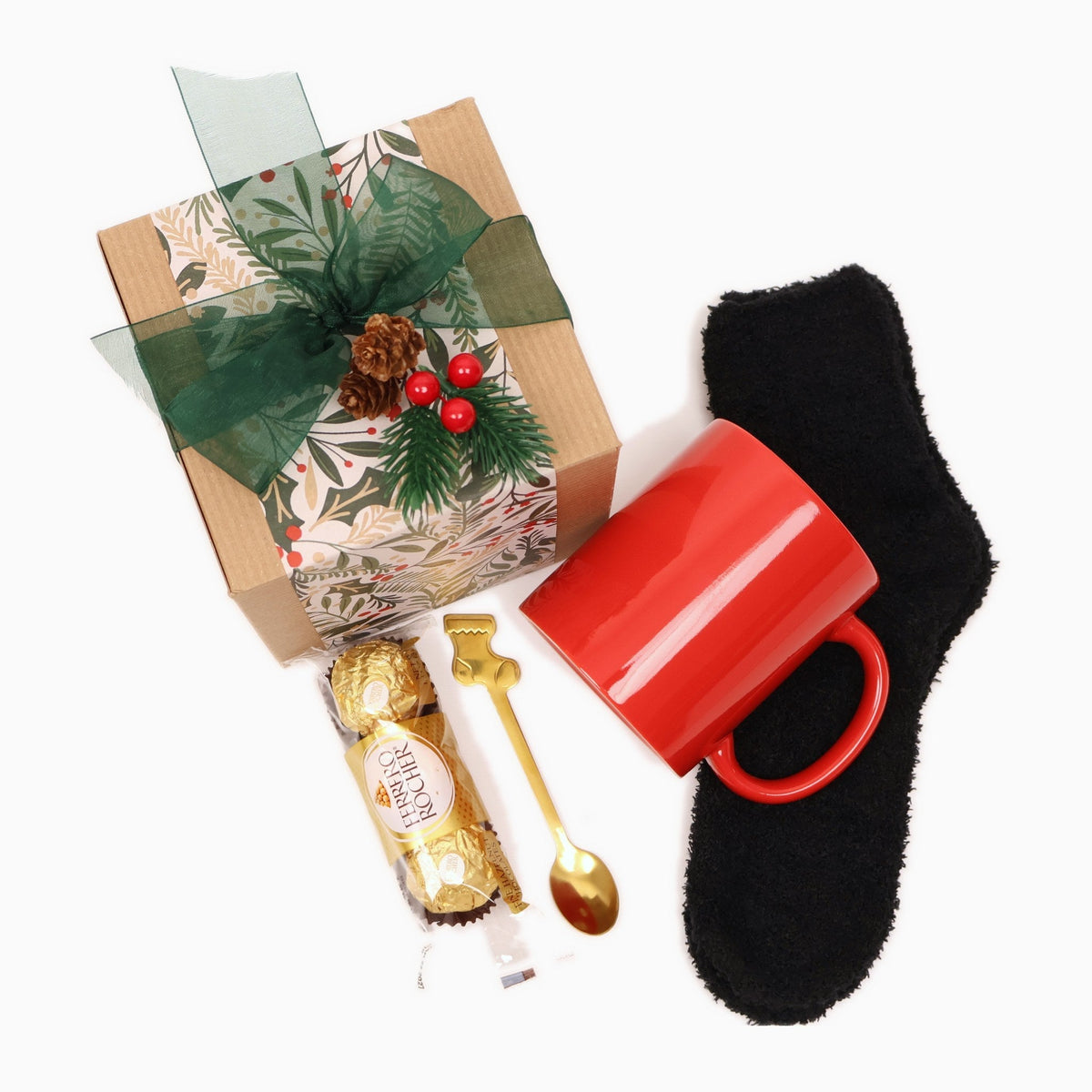 Festive Christmas Mug Gift Box with Fuzzy Socks, Chocolates and a Gold Spoon - Gifterria US - Gift Box