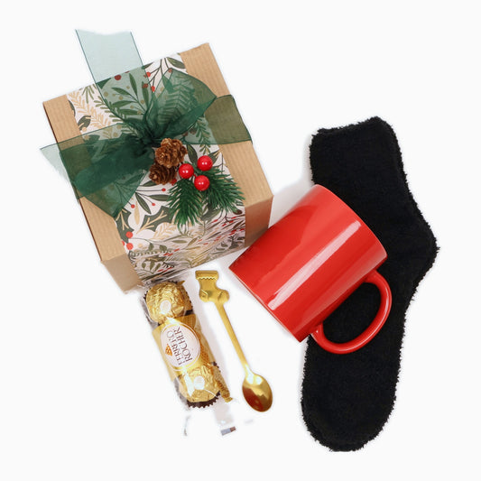 Festive Christmas Mug Gift Box with Fuzzy Socks, Chocolates and a Gold Spoon - Gifterria US - Gift Box