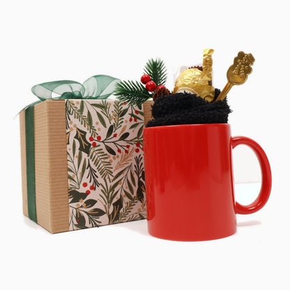 Festive Christmas Mug Gift Box with Fuzzy Socks, Chocolates and a Gold Spoon - Gifterria US - Gift Box