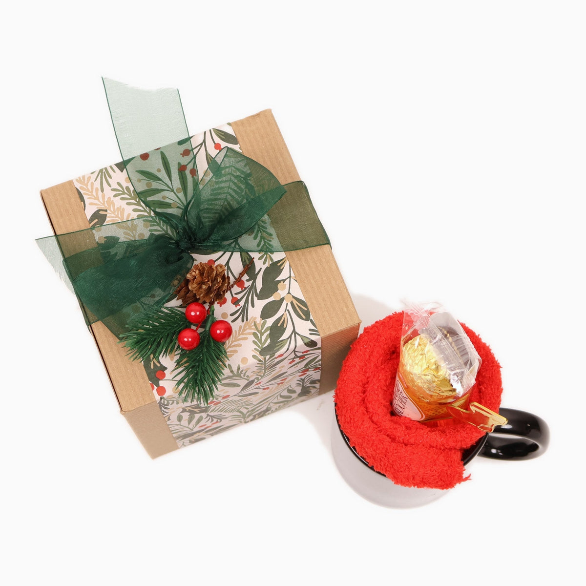 Festive Christmas Mug Gift Box with Fuzzy Socks, Chocolates and a Gold Spoon - Gifterria US - Gift Box