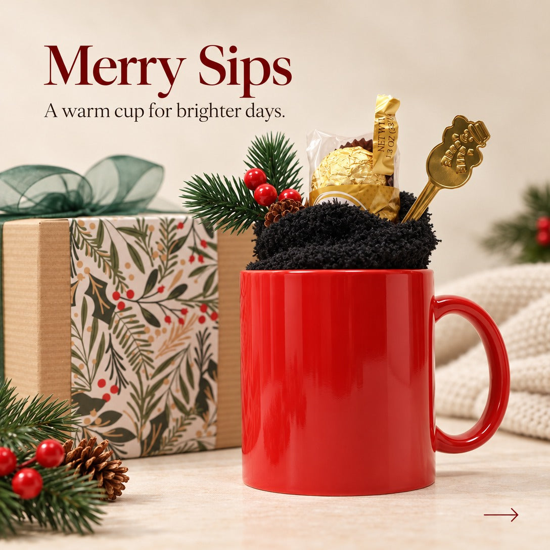 Festive Christmas mug gift box with fuzzy socks item detail 3