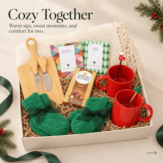 Festive Holiday Gift Box for Two with Red Mugs, a Cheese Board and Knit Throw - Gifterria US - Gift Box