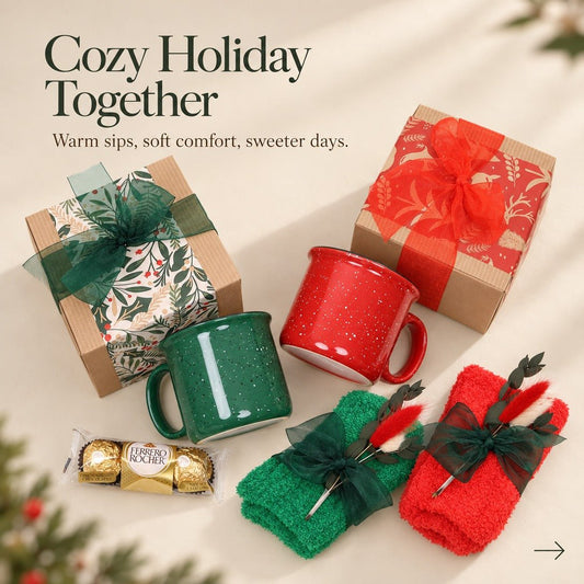 Festive Holiday Mug Gift Box with a Campfire Mug, Fuzzy Socks and Chocolates - Gifterria US - Gift Box