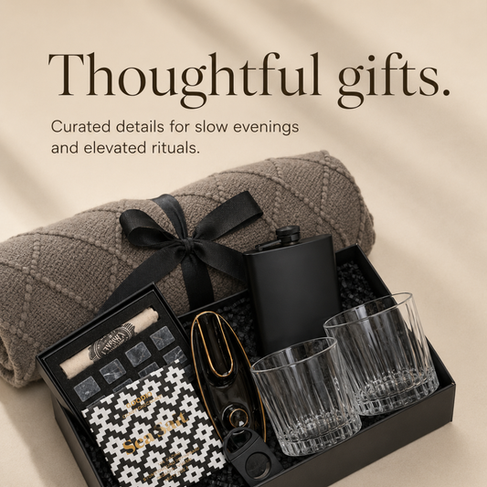 Luxury Whiskey & Cigar Gift Box for Him with Glasses and Hip Flask
