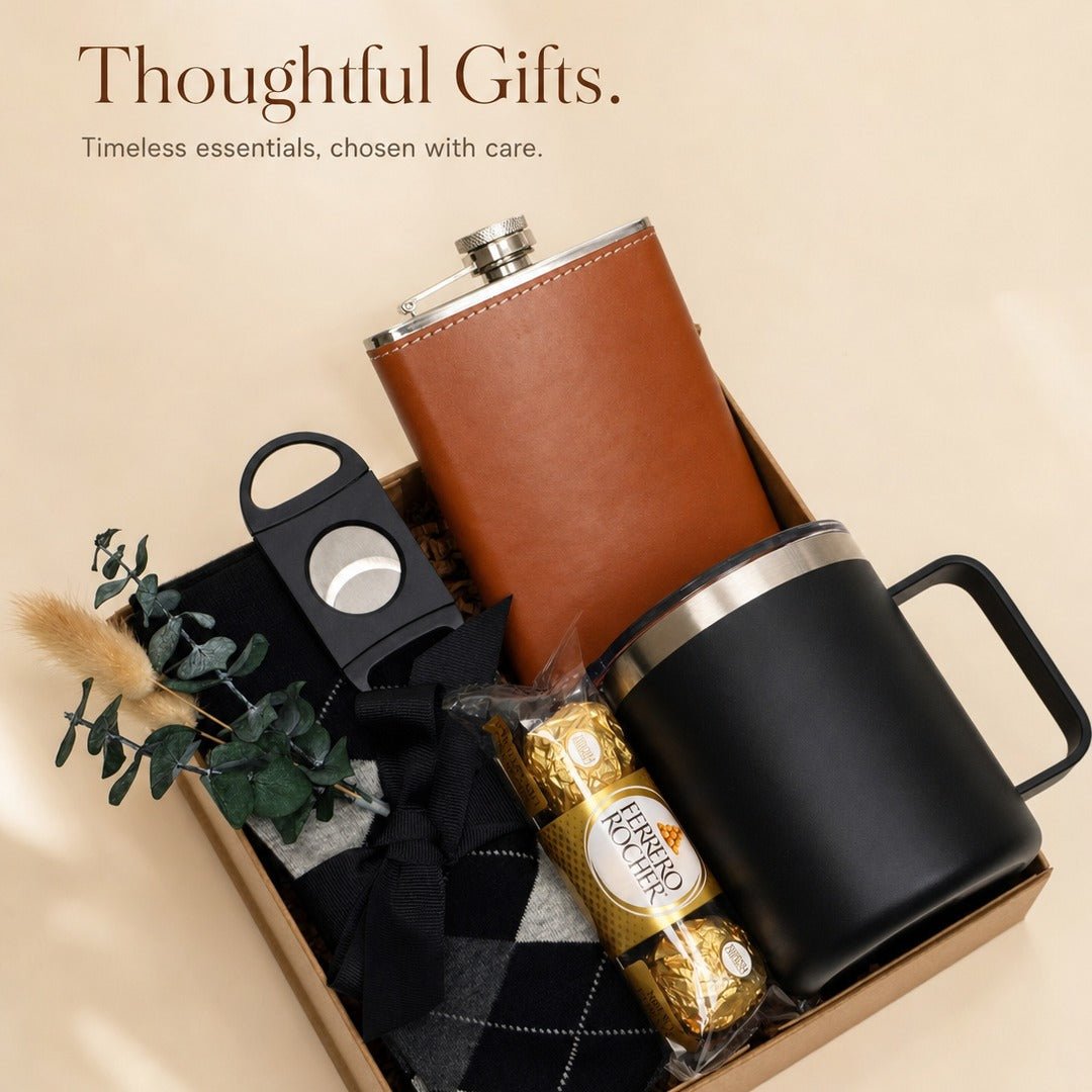 Gift Box for Him with Leather Flask - Tumbler and Cutter - Gifterria US - Gift Box