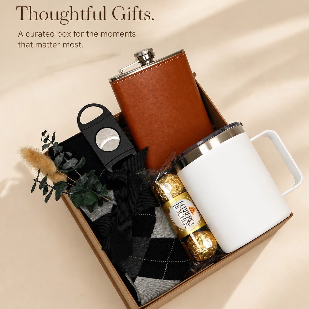 Gift Box for Him with Leather Flask - Tumbler and Cutter - Gifterria US - Gift Box