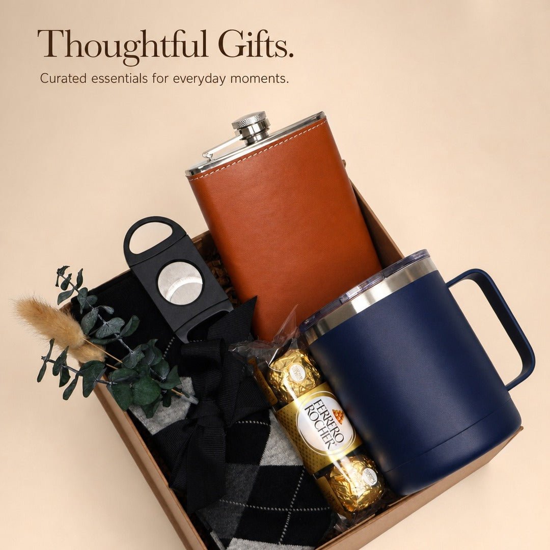 Gift Box for Him with Leather Flask - Tumbler and Cutter - Gifterria US - Gift Box