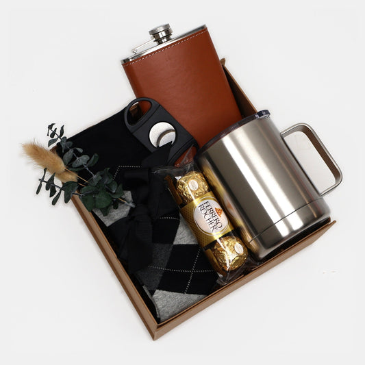 Gift Box for Him with Leather Flask - Tumbler and Cutter - Gifterria US - Gift Box