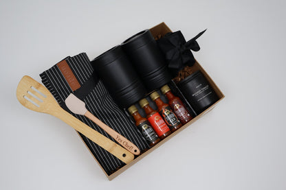 Gourmet Chef's Gift Box for Him with Apron, Hot Sauces and Engraved Spatula - Gifterria US - Gift Box