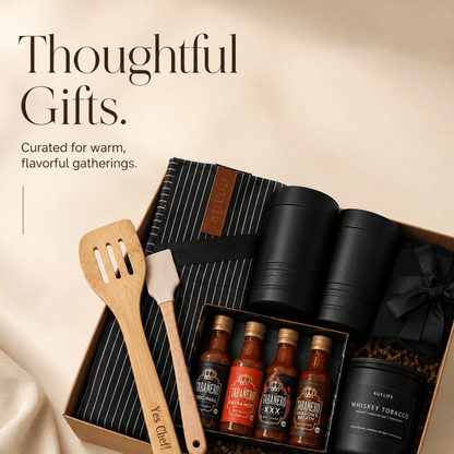 Gourmet Chef's Gift Box for Him with Apron, Hot Sauces and Engraved Spatula - Gifterria US - Gift Box