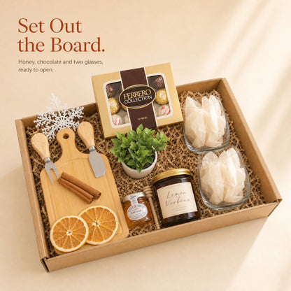 Gourmet Gift Box with Artisan Honey, Wine Glasses & Cheese Knife - Gifterria US - Gift Box