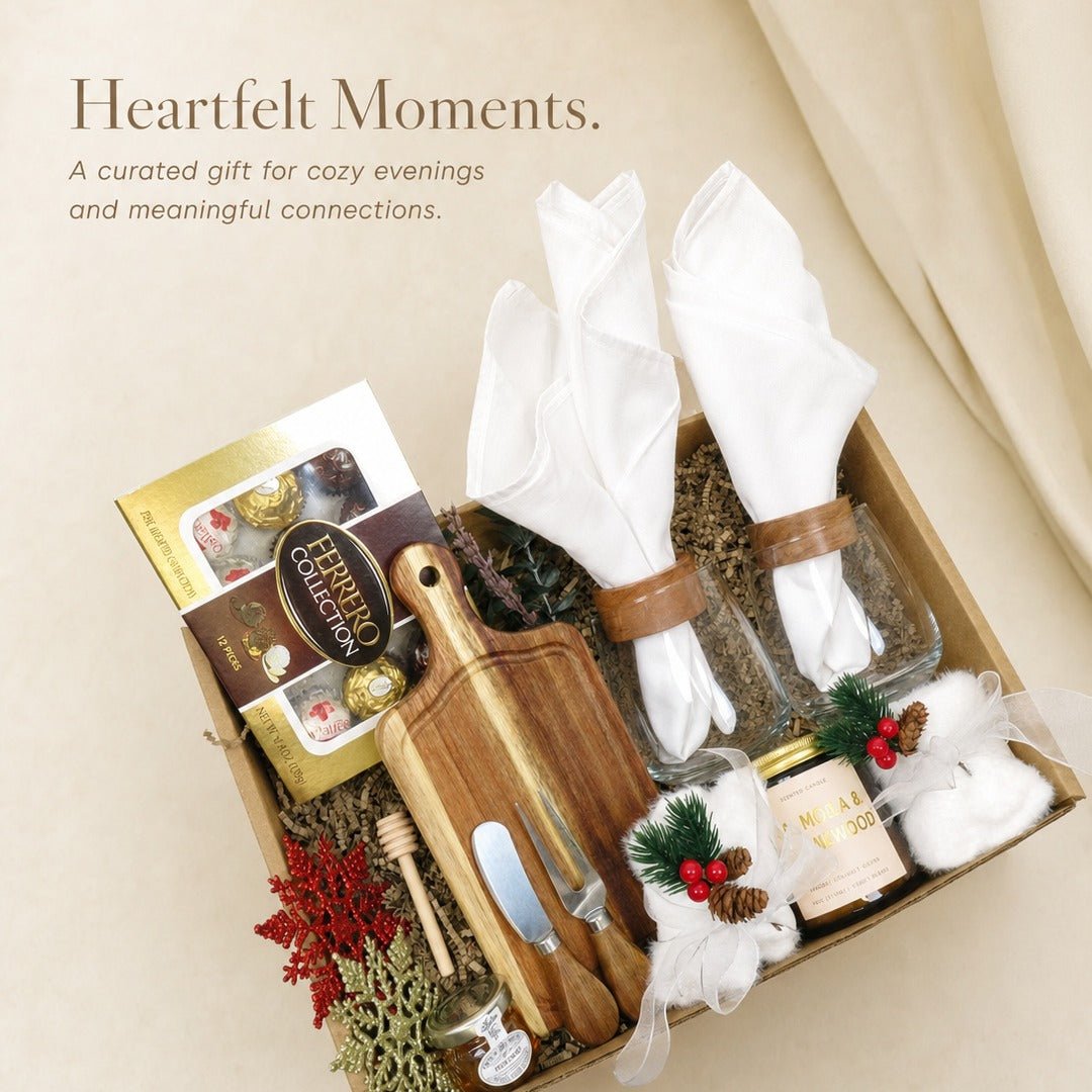 Holiday Gift Basket with Wine Glasses and Gourmet Treats - Gifterria US - Gift Box