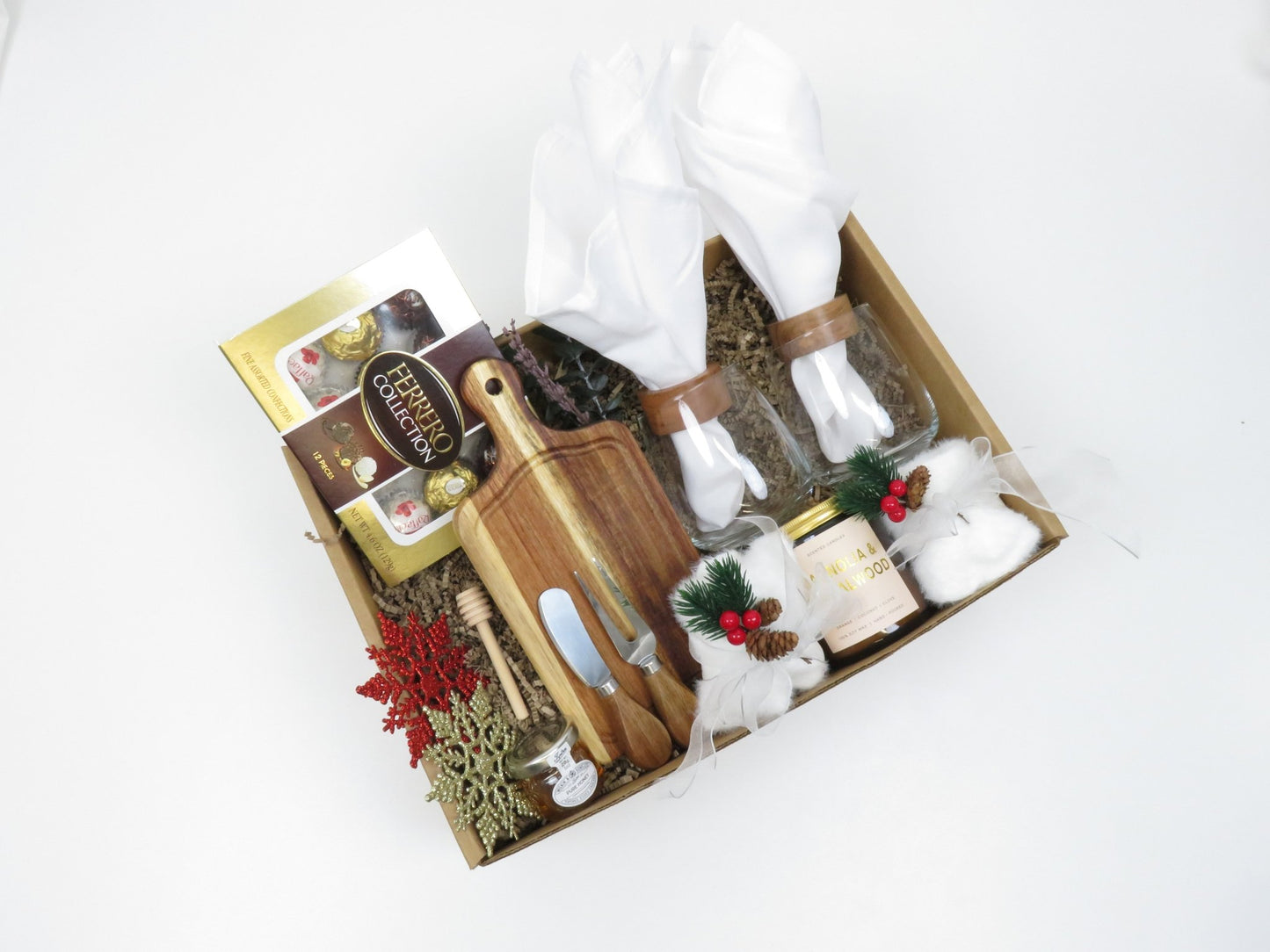 Holiday Gift Basket with Wine Glasses and Gourmet Treats - Gifterria US - Gift Box