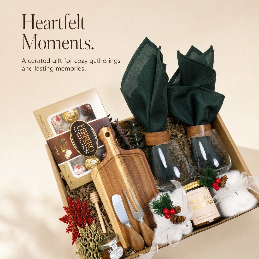 Holiday Gift Basket with Wine Glasses and Gourmet Treats - Gifterria US - Gift Box