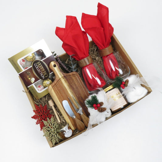 Holiday Gift Basket with Wine Glasses and Gourmet Treats - Gifterria US - Gift Box