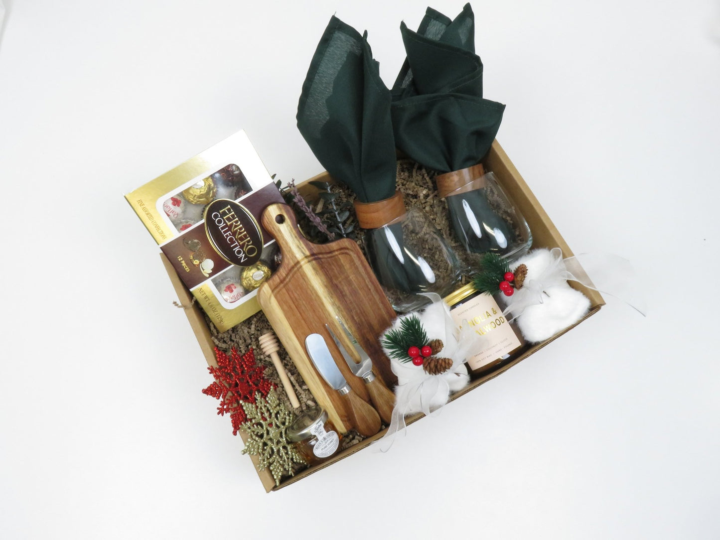 Holiday Gift Basket with Wine Glasses and Gourmet Treats - Gifterria US - Gift Box