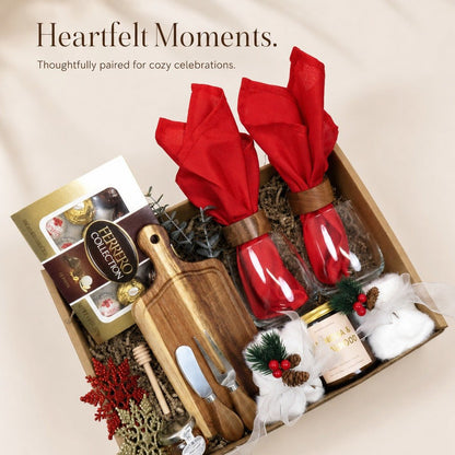 Holiday Gift Basket with Wine Glasses and Gourmet Treats - Gifterria US - Gift Box