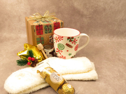 Holiday Gift Set with Honey, Cozy Sock, Coffee Mug, Chocolate and Decorative Elements - Gifterria - Gift Set