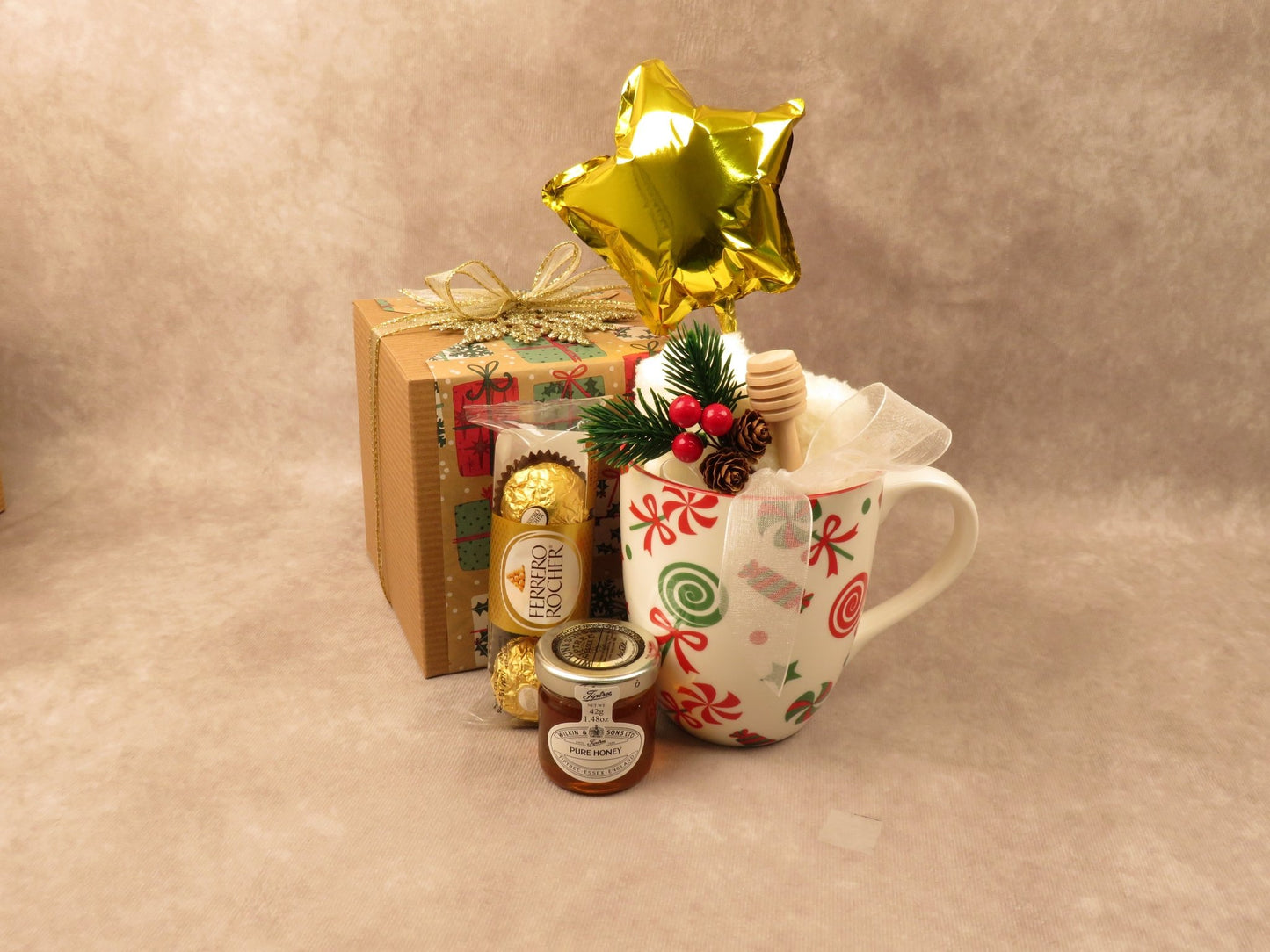Holiday Gift Set with Honey, Cozy Sock, Coffee Mug, Chocolate and Decorative Elements - Gifterria - Gift Set