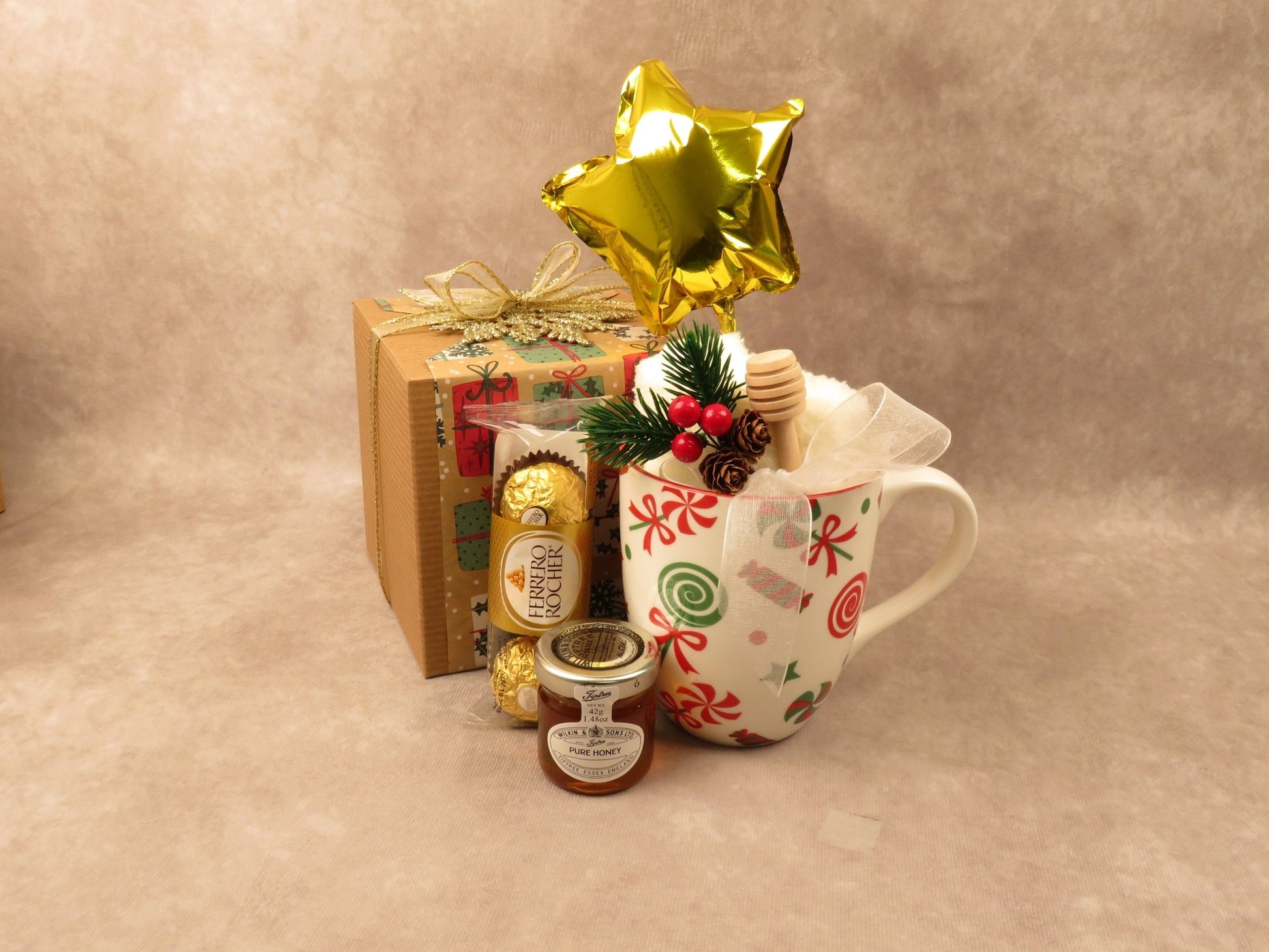 Holiday Gift Set with Honey, Cozy Sock, Coffee Mug, Chocolate and Decorative Elements - Gifterria - Gift Set