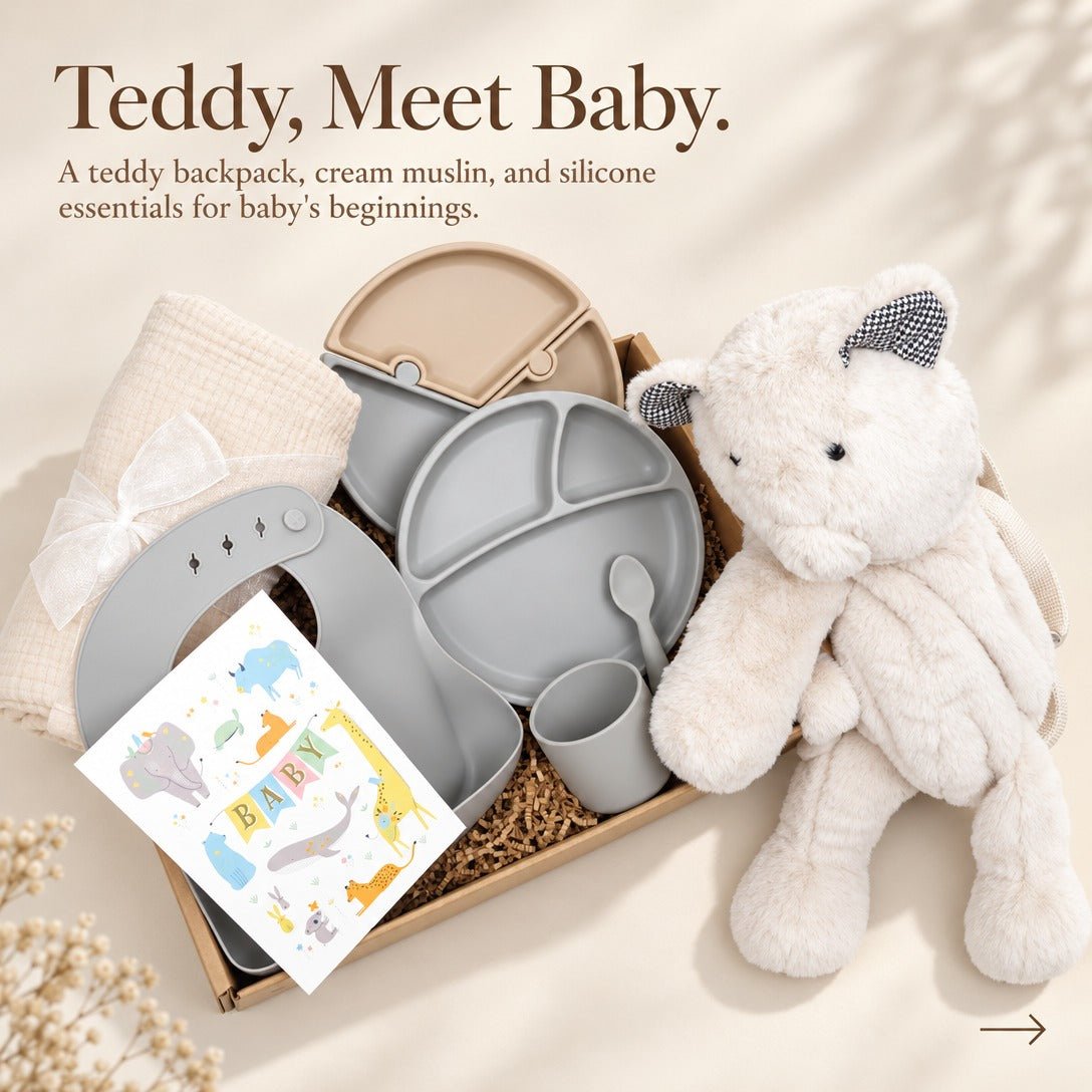 New Mom & Baby Gift Box with Silicone Feeding Set & Swaddle - Gifterria US - Gift Box