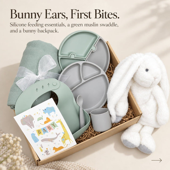 New Mom & Baby Gift Box with Silicone Feeding Set & Swaddle - Gifterria US - Gift Box