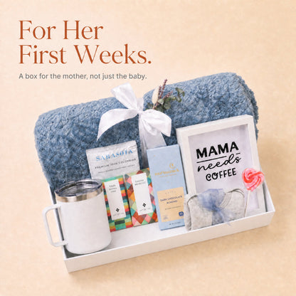 New Mom Gift Box in Blue with a Plush Throw and Coffee - Gifterria US - Gift Box