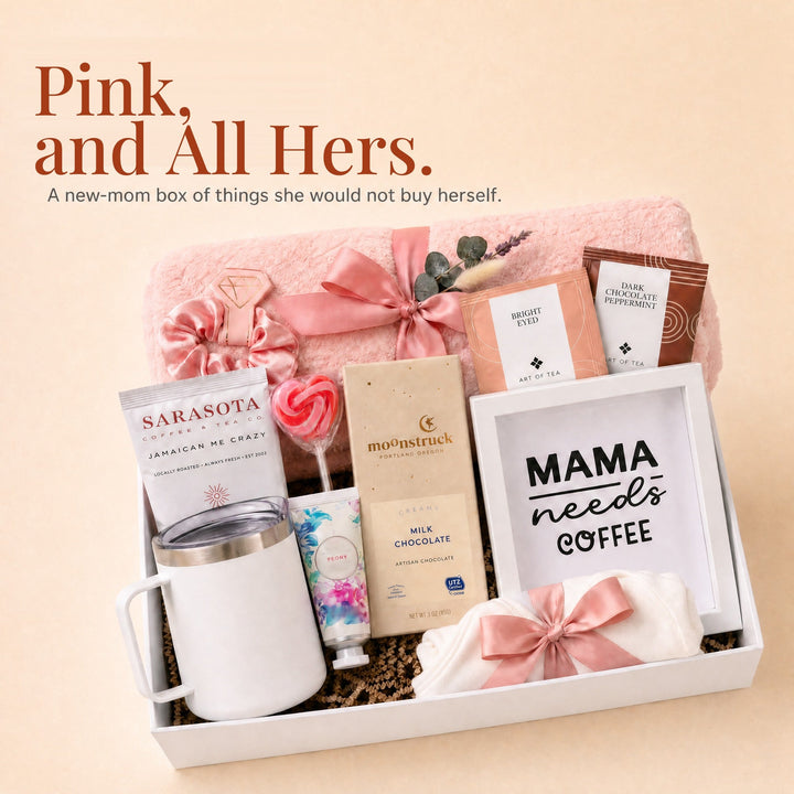 New Mom Gift Box in Pink with a Plush Throw and Coffee - Gifterria US - Gift Box