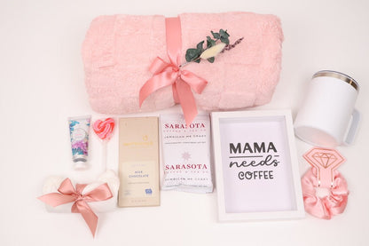 New Mom Gift Box in Pink with a Plush Throw and Coffee - Gifterria US - Gift Box