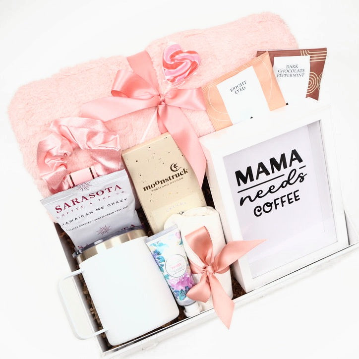New Mom Gift Box in Pink with a Plush Throw and Coffee - Gifterria US - Gift Box