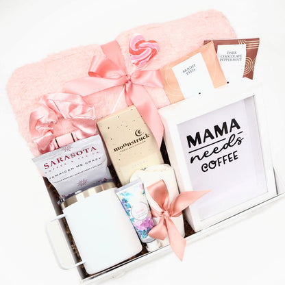 New Mom Gift Box in Pink with a Plush Throw and Coffee - Gifterria US - Gift Box
