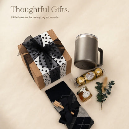 Refined Gift Box for Him with Insulated Mug, Honey and Argyle Socks - Gifterria US - Gift Box