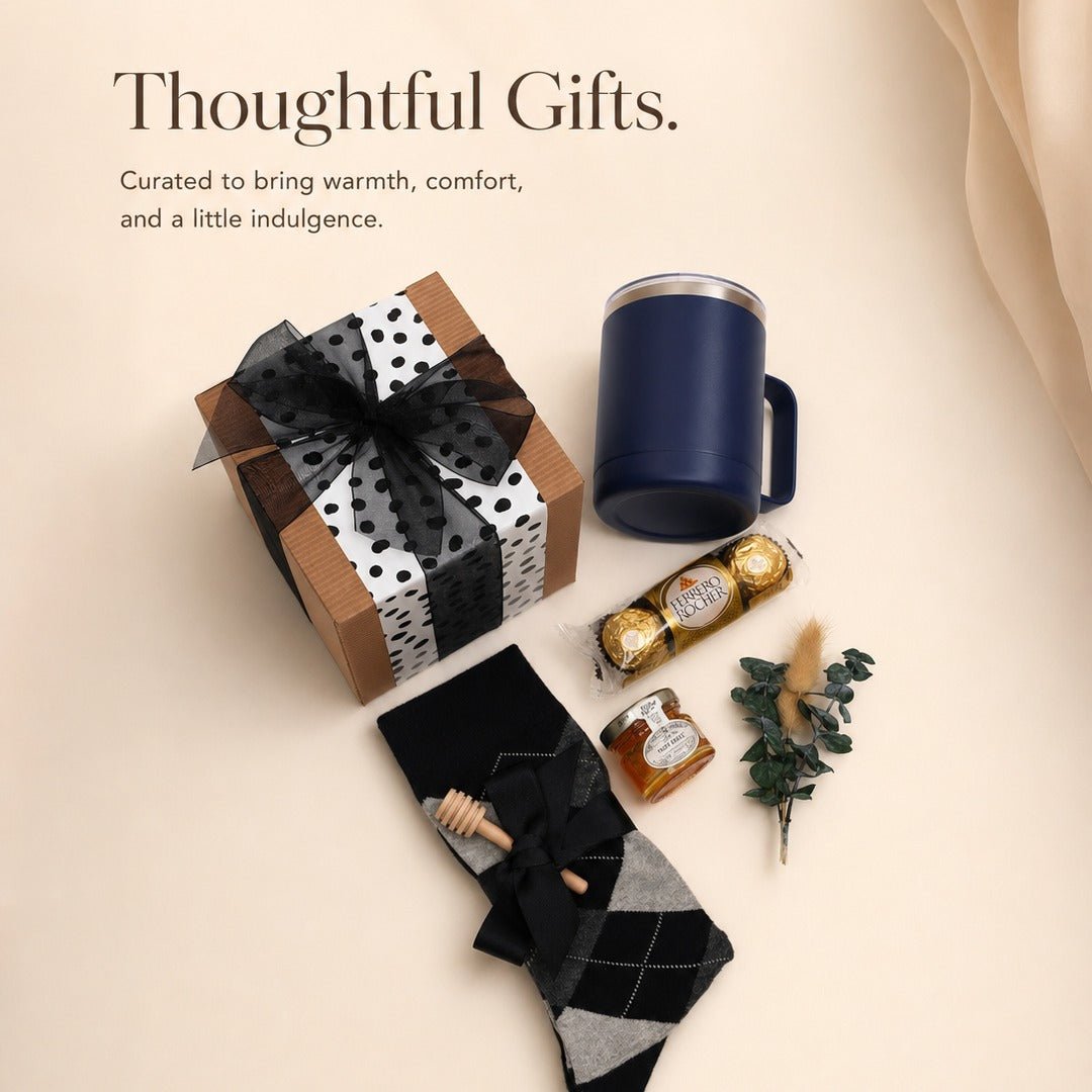 Refined Gift Box for Him with Insulated Mug, Honey and Argyle Socks - Gifterria US - Gift Box