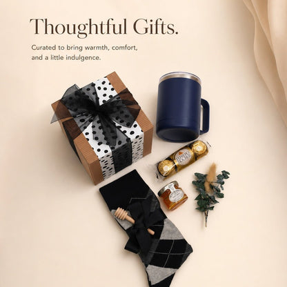 Refined Gift Box for Him with Insulated Mug, Honey and Argyle Socks - Gifterria US - Gift Box